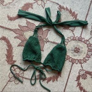 Tori Paver green ruched triangle bikini top.